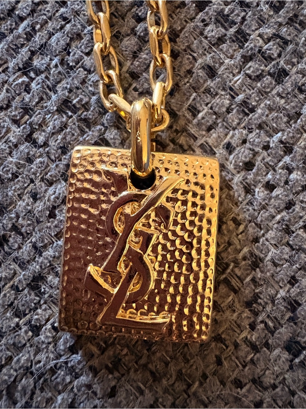 Vintage Yves Saint Laurent Gold-tone Hammered YSL Logo Pendant Necklace